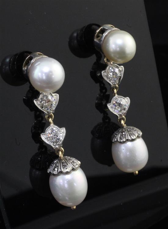 A pair of Victorian style cultured pearl and diamond drop earrings, approx. 2in.